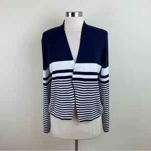Cyrus Navy Blue White Stripe Open Front Long Sleeve Cardigan Sweater Large